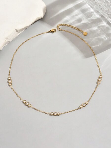 Shein - 1Pc 18K Gold Plated Minimalist Zirconia & Triple Round Diamond Stainless Steel Necklace
