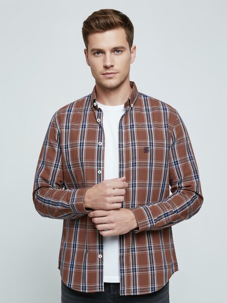 Navy & Rust Check Button Down Casual Shirt (CSC-365)