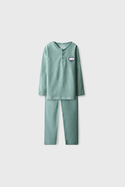 Boys Green Henley Waffle Co-ord Set