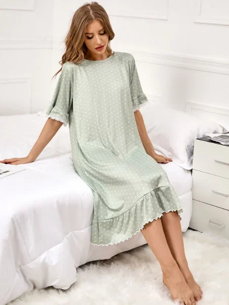 Shein - Polka Dot Print Flounce Sleeve Ruffle Hem Night Dress