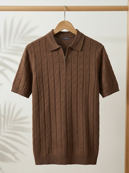 Dark Brown Knitted Zipper Polo (SKZP-073)