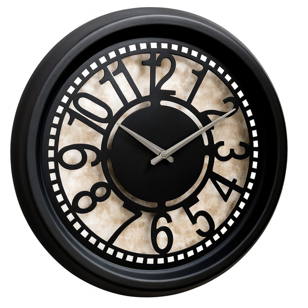 CAMBRIDGE Wall Clock – Black Plastic Frame with Cutout Numerals and Marbled Dial
