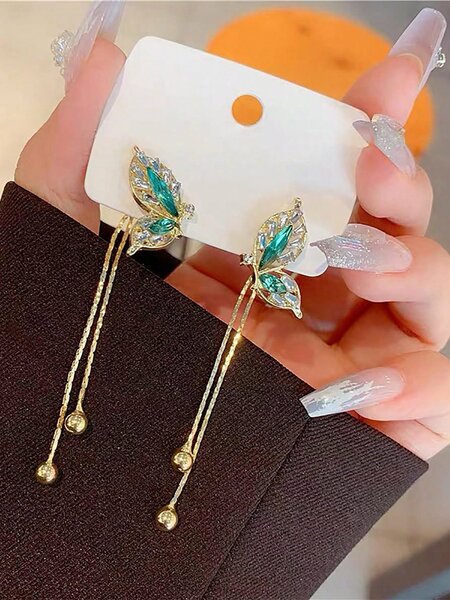 Shein - 1pair Fashionable Green Bowknot Long Tassel Earrings