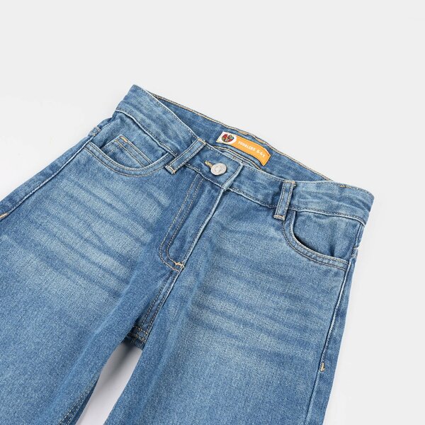 Girls Denim Rigid Pants – Barrel Fit Mid Blue with Classic 5-Pocket Style