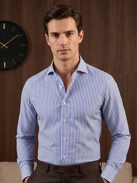 White & Blue Striped, Classic Edition, Cutaway Collar Men’s Formal Shirt (FS-3084)