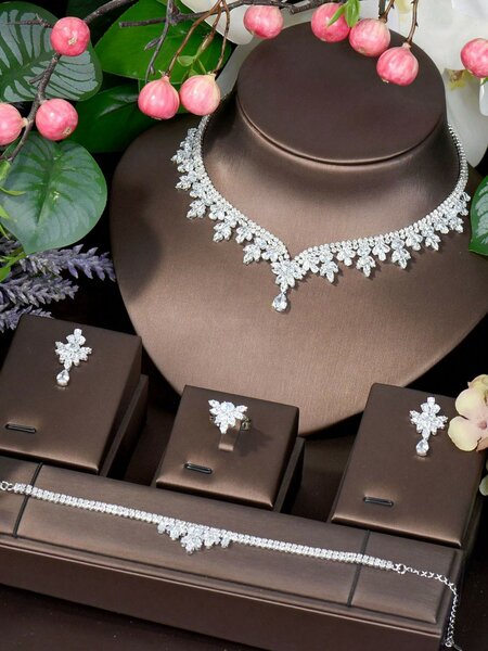 Shein - 1Set Cubic Zirconia Decorated Round Shape Jewelry Set
