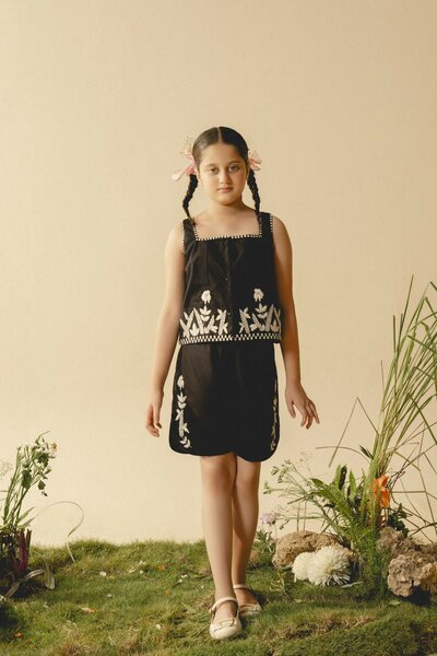 Orchid | Black cotton Co-Ord set with hand-embroidered detailing and square neckline