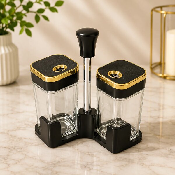 Premium 2PCS Black Glass Spice Bottle Set with Stand & Gold Lid Accent