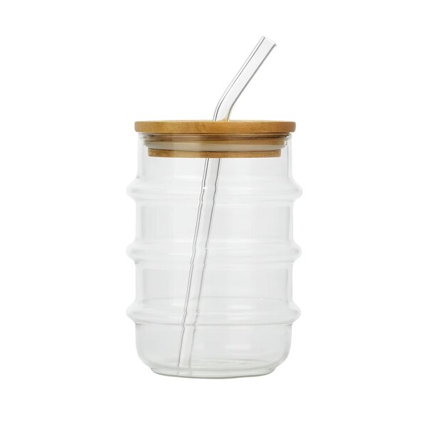 500ml Straw Glass – Clear Borosilicate with Wooden Lid & Reusable Straw