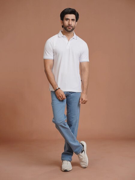 White Plain Contrast Tipping Half Sleeves Polo T-Shirt (POLO-1008)