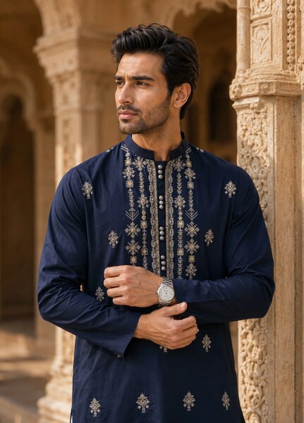 TGM Mens RTW Chikankari Chikankari Kurta Pajama Suit Elvar Navy Festive Collection