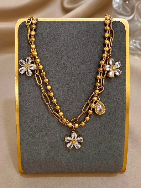Shein - 1Pc 18K Gold Plated Stainless Steel Luxury Floral Layered Flower Pendant Dual Chain Bracelet