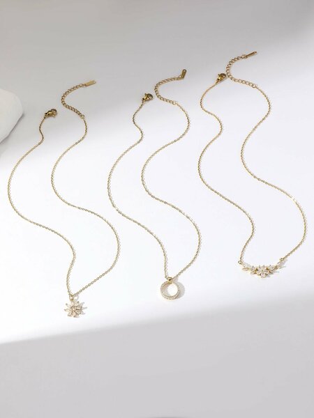 Shein - 3pcs/set Fashionable Elegant Necklace With Flower & Circle Shaped Design, Unique And Creative Jewelry For Women, Luxury Gift