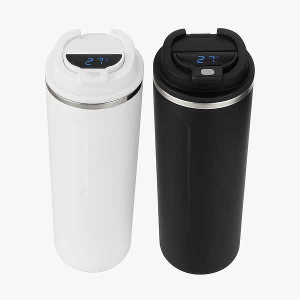 1Pc Smart Temperature Display Coffee Mug – White & Black Stainless Steel Thermal Flask with LED Screen