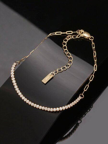 Shein - 1PC Genuine 925 Sterling Silver Half Tennis Bracelet Hand Chain 4A Grade Cubic Zirconia Gorgeous Women Jewelry Best Gift For Birthday