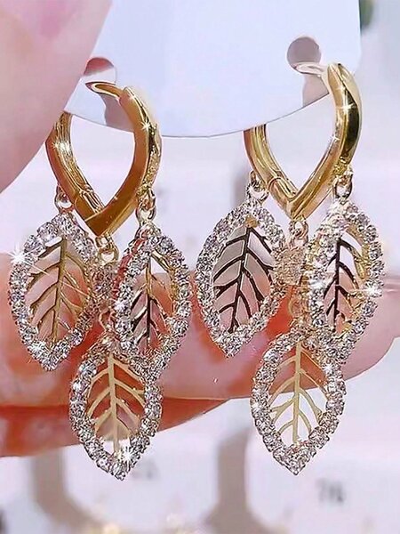 Shein - 1Pair Fashionable Hollow Out Leaf Shaped Earring With Full Rhinestone, Multiple Layers