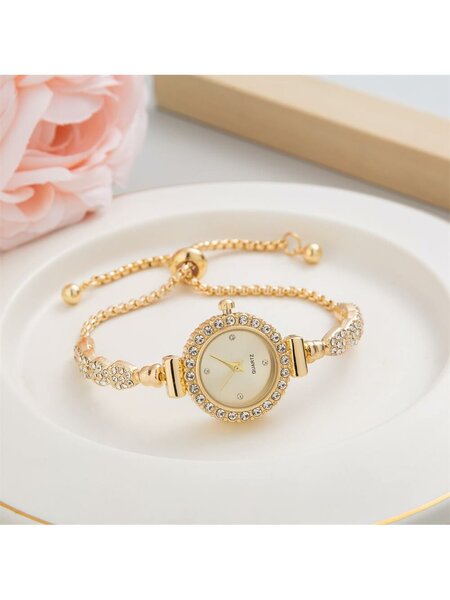Shein - 2023 New Fashion Women's Bracelet Watch, Round Case, Stainless Steel Strap, Quartz Watch With Small Dial And Diamond Detail, Ideal Gift For Girlfriend
