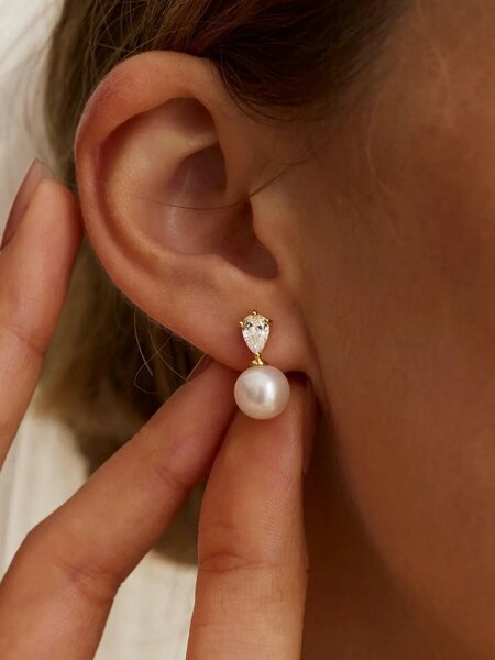 Shein - 14k Gold Plated CZ Pearl Bridal Earrings, Low Allergy Gold Plated Earrings, Elegant Wedding Bride Pearl Jewelry For Women
