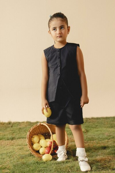Azure Iris | Denim co-ord set with tailored sleeveless top and matching shorts