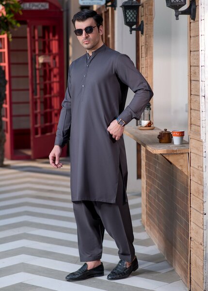 Shahkaar by Buraq Mens RTW Solids Wash N Wear 2 Piece Suit Grey Ban Casual Collection