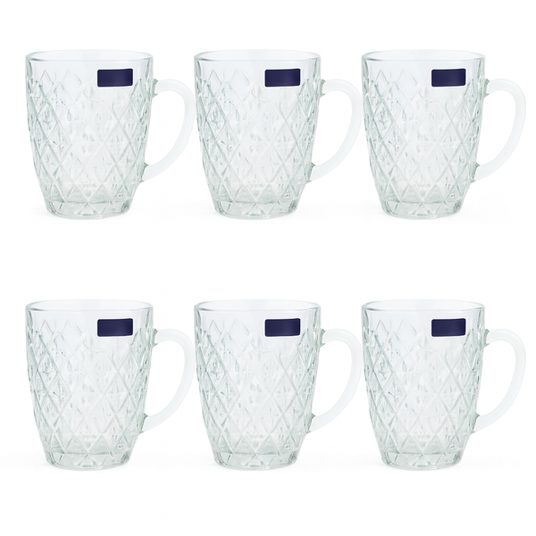 520 ml Crystal-Pattern Juice Mug – Heavy-Duty Glass Mug Set of 6 for Water, Juice, Shakes & Beverages