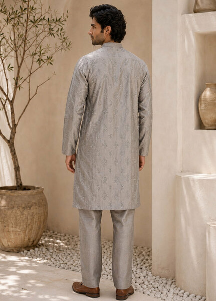 TGM Mens RTW Chikankari Chikankari Kurta Pajama Suit Eminence Grey Festive Collection
