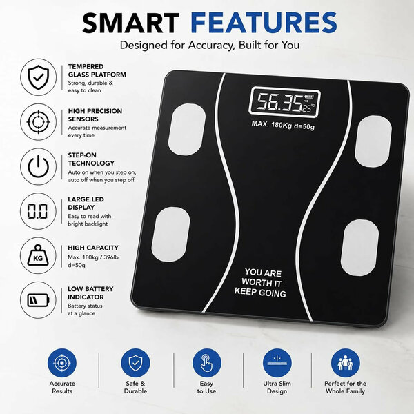 Home.Co - Digital Body Weight Scale (180Kg Max Capacity) - USB Charging/Battery