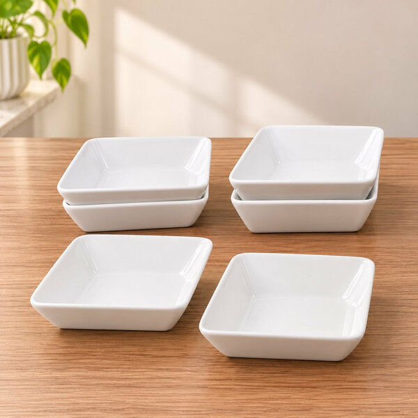6 Pcs Square Ceramic Bowl Set | White Serving Bowls for Snacks, Dips & Desserts