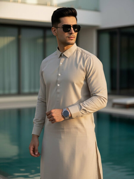 Beige Plain Exclusive Range Designer Shalwar Kameez (SK-603)