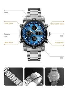 Shein - 1pc Men Silver Stainless Steel Strap Fashionable Water Resistant Round Dial Digital Watch