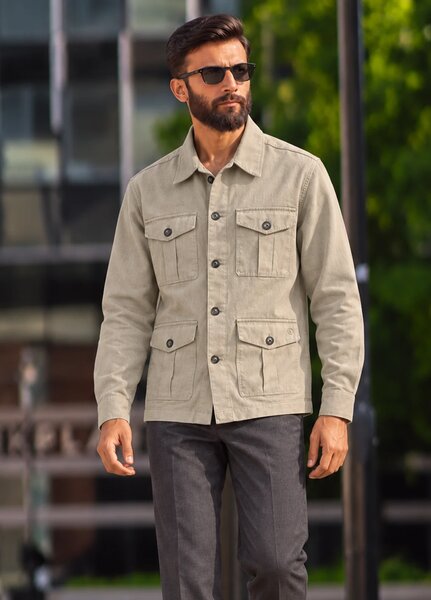 J F Denim Mens Shirt Jacket RTW Solids Linen 1 Piece Olive - Casual Collection