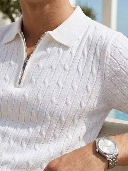 White Knitted Zipper Polo (SKZP-061)