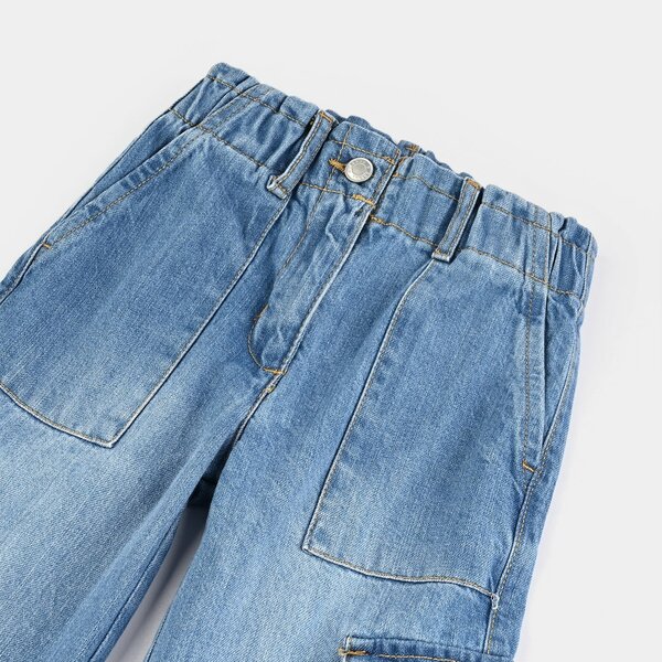 Girls Wide-Leg Stretch Denim Cargo Pants – Mid Blue