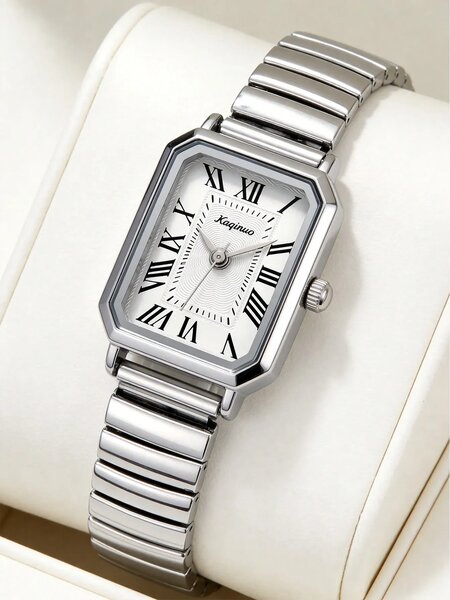 Shein - 1pc Women's Elegant Retro Quartz Watch With Roman Numeral Markers, Quality Alloy Case - Silver