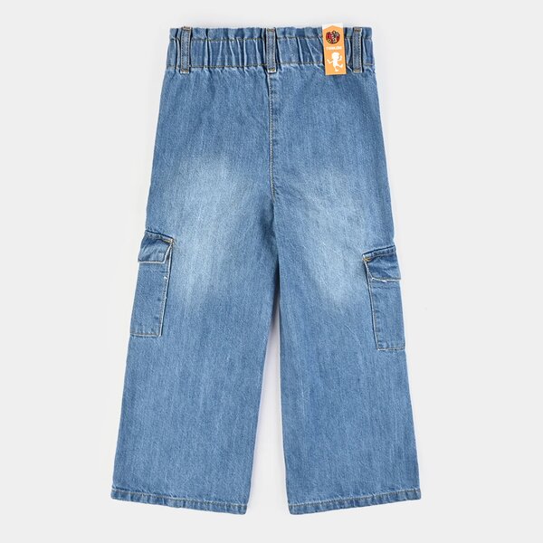 Girls Wide-Leg Stretch Denim Cargo Pants – Mid Blue