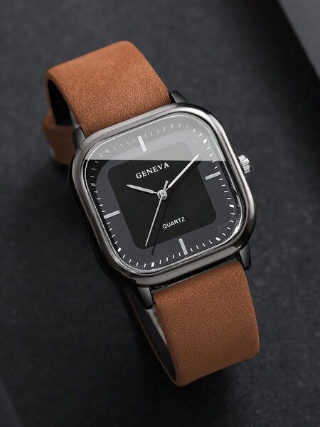 Shein - 1pc Men's Fashion Casual Rectangular Simple Scale Dial Classic Quartz Wrist Watch, Without Watch Box