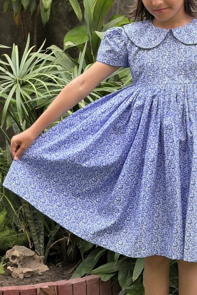 Bluebell | Girls blue and white floral cotton dress with Peter Pan collar