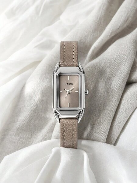 Shein - Casual Rectangular Small Dial Watch, Litchi Grain Leather Strap
