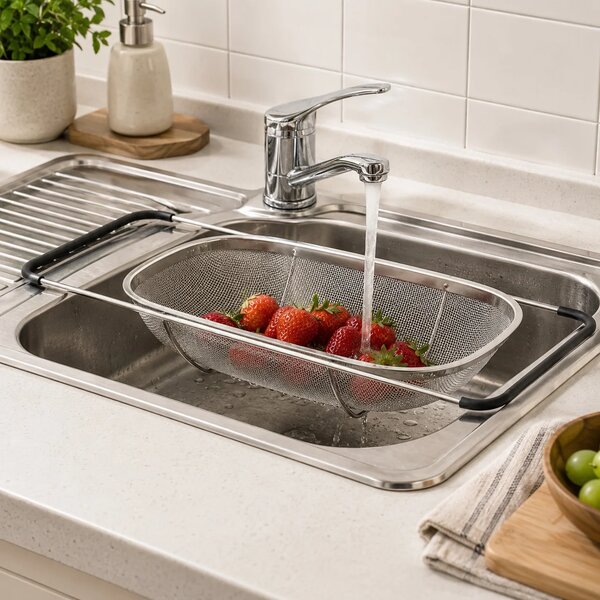 Stainless Steel Foldable Sink Strainer – Extendable Kitchen Fruit & Vegetable Washing Basket