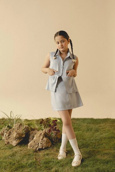 Laurel | Baby denim co-ord set with tailored sleeveless top and skirt