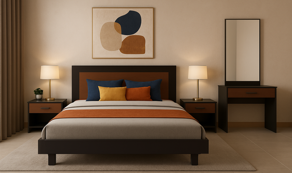 Ozmane Dark Tune King Bedroom Set with Side Tables, Dresser & Mirror