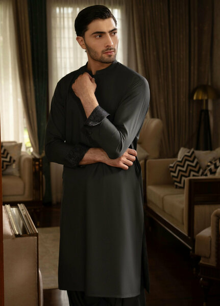 Stylish Garments Mens RTW Solids Wash N Wear Kurta Shalwar Suit Dark Gray Contrast Casual Collection