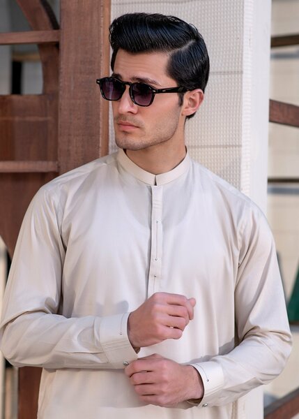 Aks e Shaam by Buraq Mens RTW Solids Cotton 2 Piece Suit Beige Casual Collection