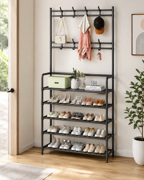 5 Layer Shoe Stand with Coat Hook Narrow