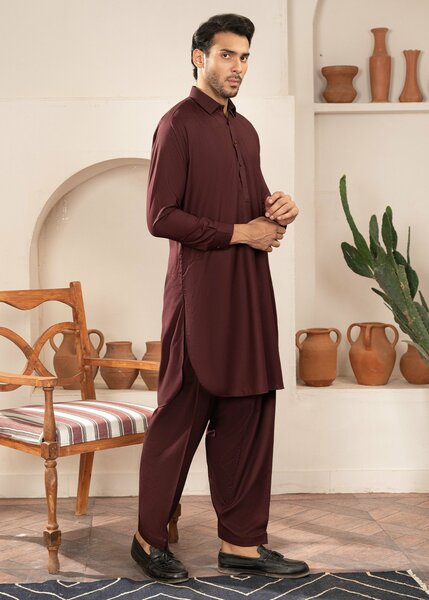 Alif by Buraq Mens RTW Solids Wash N Wear 2 Piece Suit Maroon Collared Casual Collection