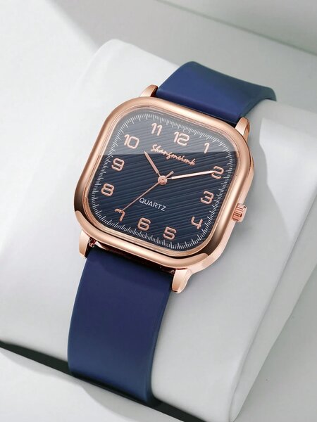 Shein - 1Pc Women Casual Square Digital Scale Dial Fashion Quartz Wrist Watch With Silicone Strap