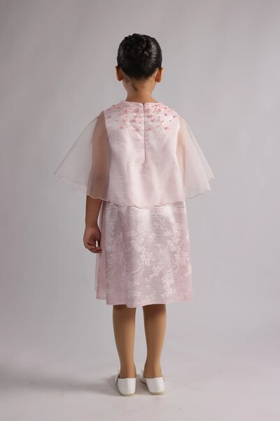 Fiore | Girls' pink occasion dress with scalloped organza cape and floral embellishment