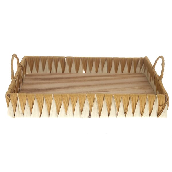 Large Handwoven White & Yellow Decorative Tray with Wooden Base – 12 x 16 Inch