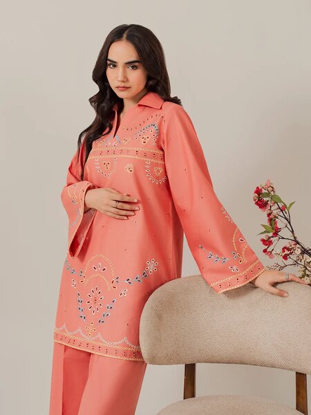 Coral- 2Pcs Embroidered Coord Set