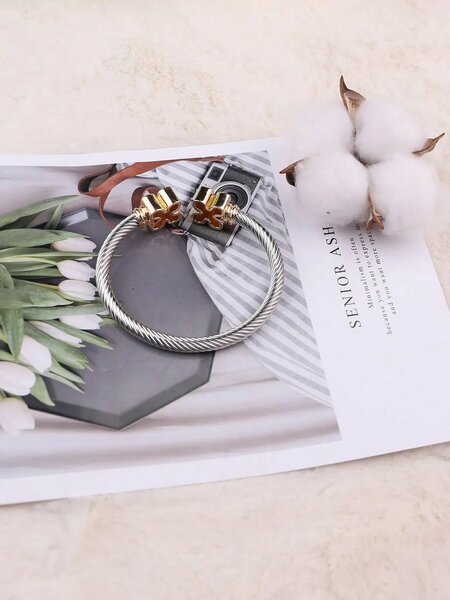 Shein - European and Americana Style Stainless Steel Cable Opening Bracelet With Natural Stone Twisted Cord Adjustable C-Shaped Titanium Steel Bangle